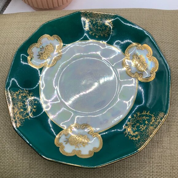 Japan Vintage Pearlescent Iridescent Floral Green Gold Tone Tea Cup with Saucer - Picture 3 of 7